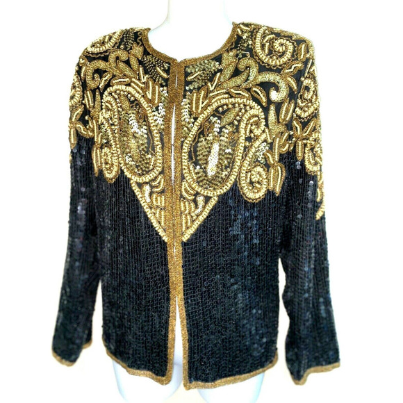 Vintage Black and Gold Sequined Silk Jacket - Picture 1 of 6